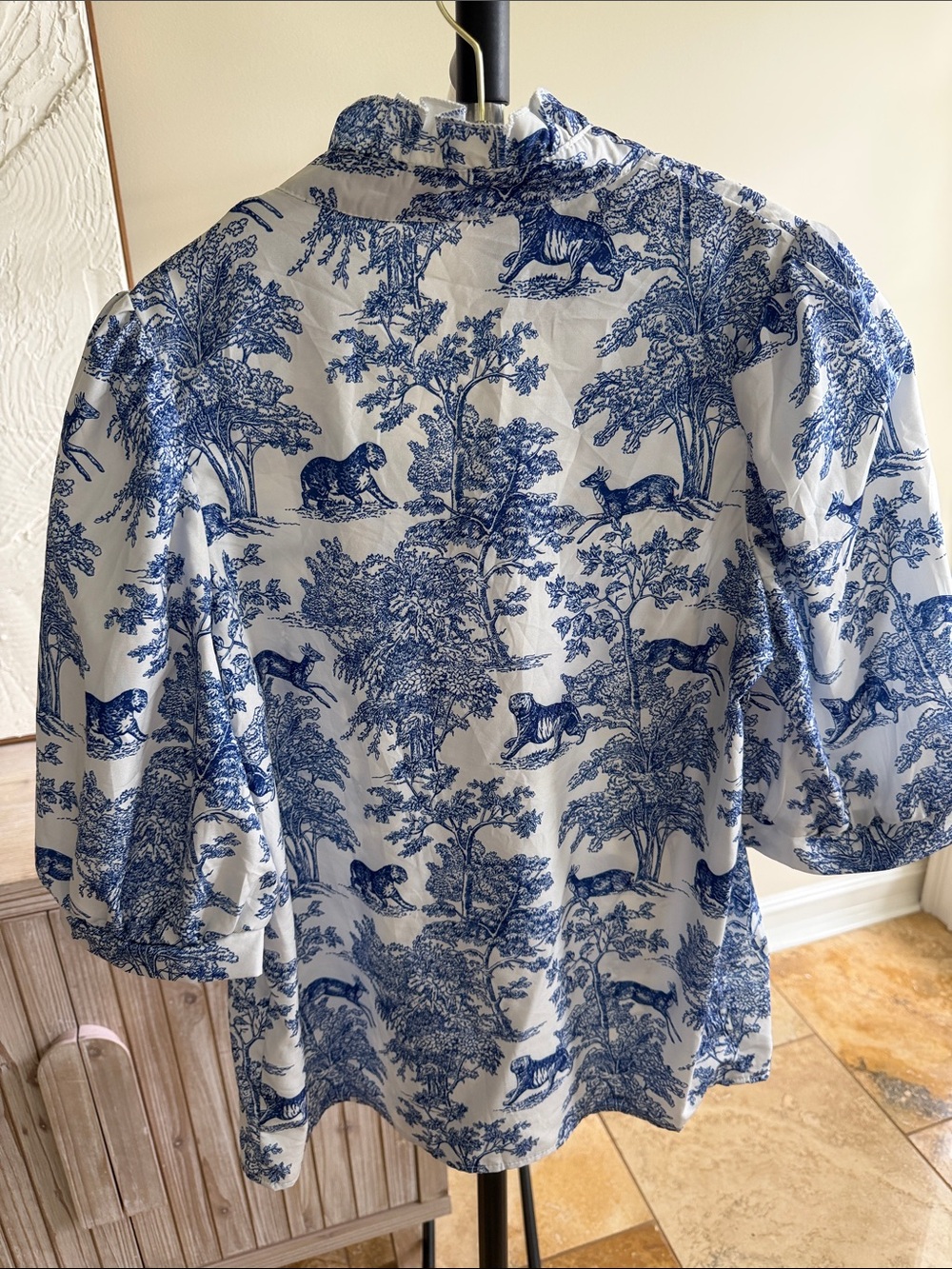 Blue and White Toile Ruffle Collar Blouse, Size S/M - Picture 2 of 2